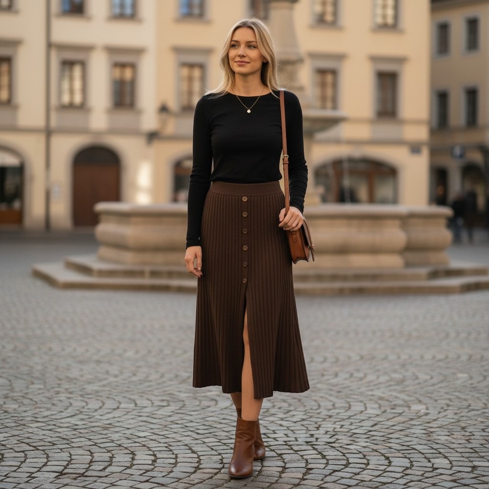 Y2K High Slit Ribbed Button Front Midi Skirt Brown Knit Chic Fall Neutral XS/S ?